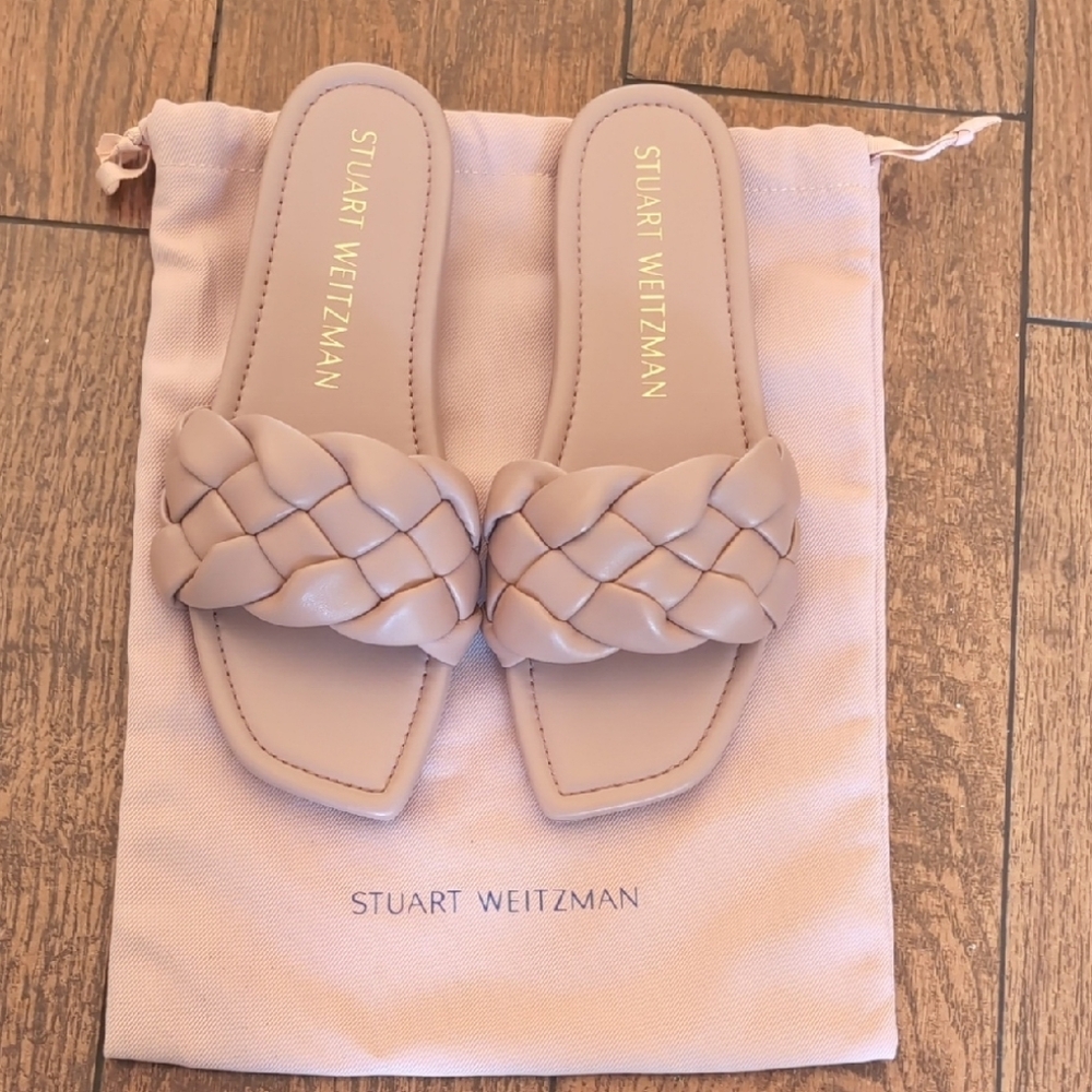 Stuart Weitzman Tan Slide Sandals with Braided Design